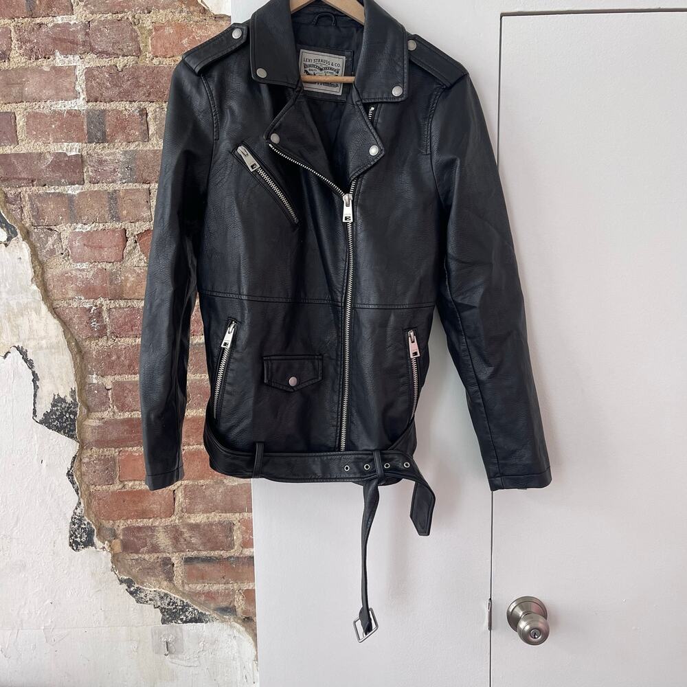Levi's Women's Large Black Faux Leather Moto Jacket Belted Biker Zip - Picture 1 of 16